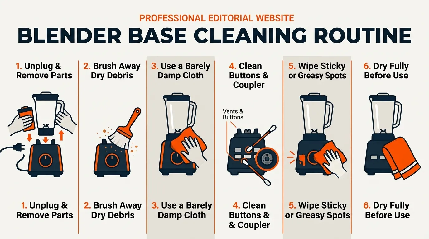 Blender base cleaning routine showing dry brushing, damp wiping, detail cleaning, and final drying