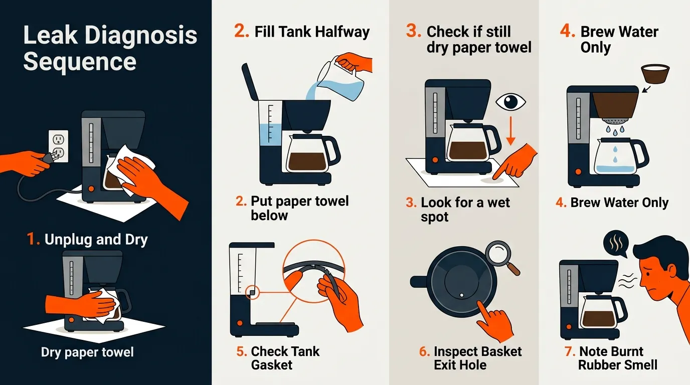 Coffee maker being checked on a dry paper towel to identify the source of a water leak