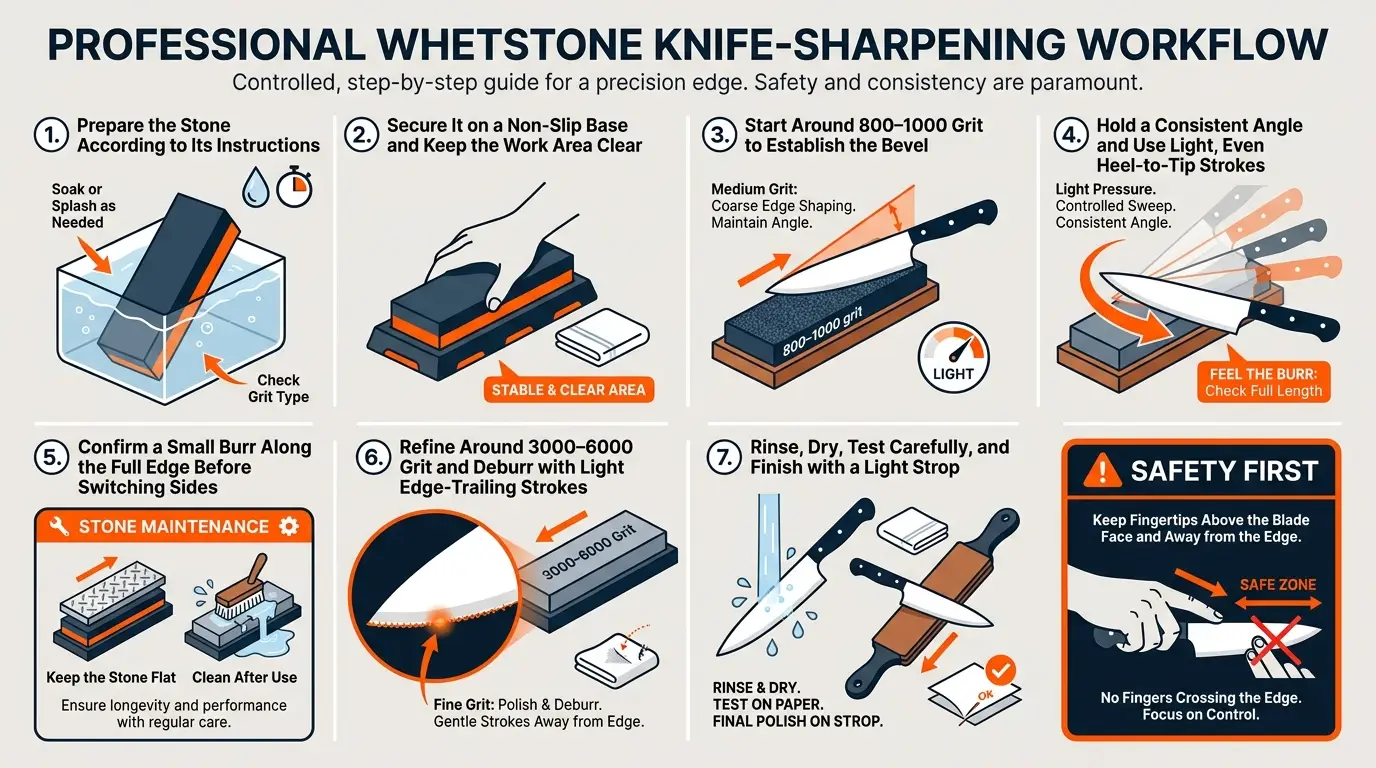 A whetstone sharpening guide showing stone preparation, bevel setting, burr formation, refinement, deburring, cleaning, and stropping.