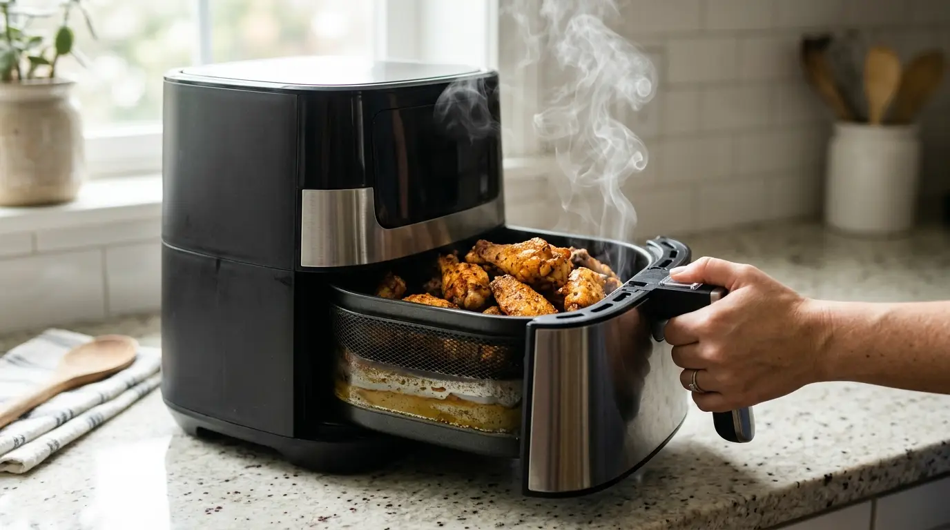 An air fryer releasing light smoke while a home cook safely removes the basket to drain grease in a modern kitchen.