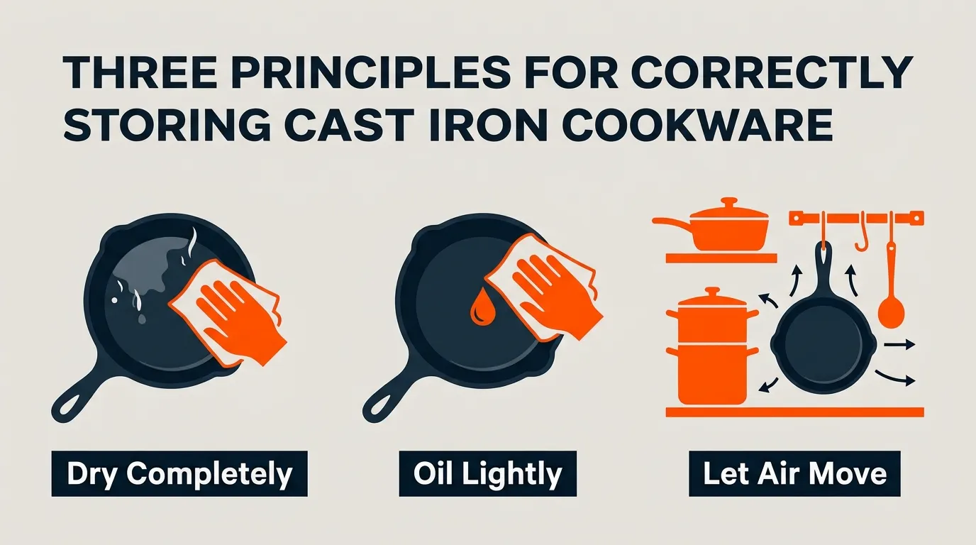 Cast iron storage routine showing complete drying, light oiling, and breathable storage