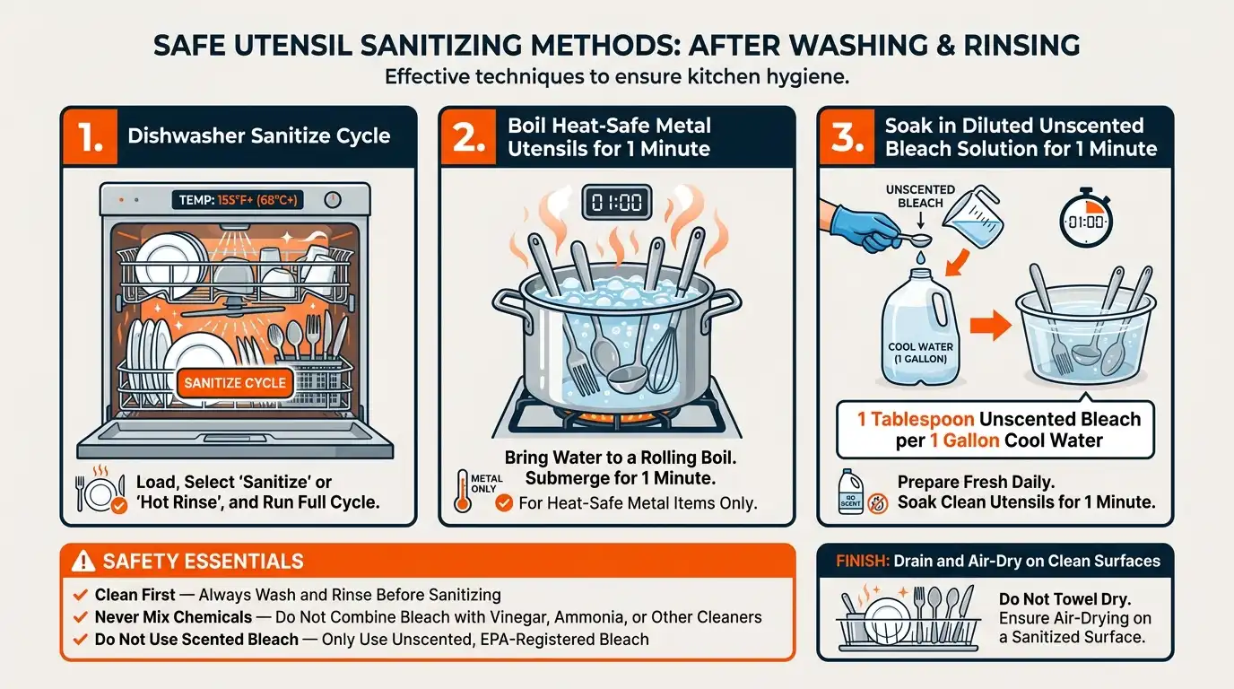A sanitizing guide showing a dishwasher sanitize cycle, boiling metal utensils, and a properly diluted unscented bleach solution.