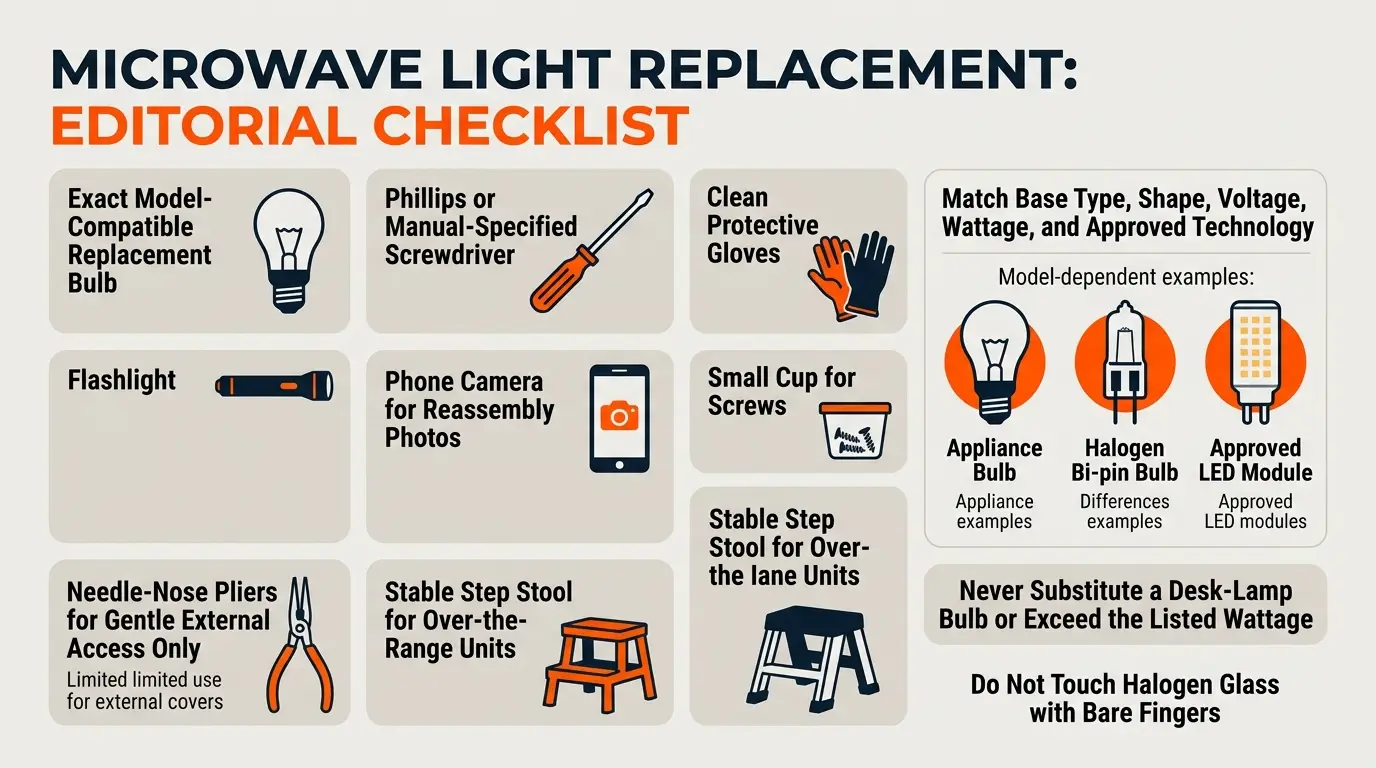 A checklist showing the correct model-specific bulb, gloves, screwdriver, flashlight, phone camera, screw cup, pliers, and step stool.