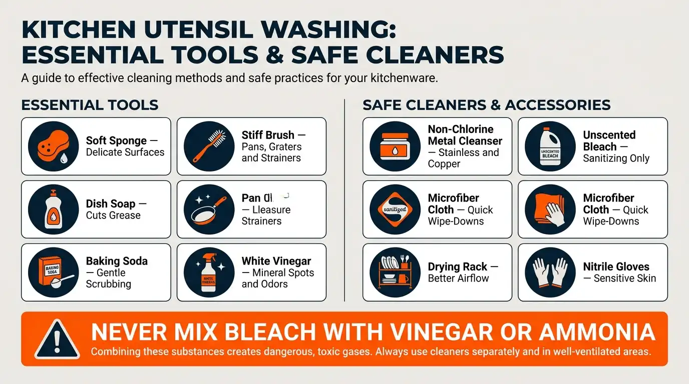 A guide showing soft sponges, stiff brushes, dish soap, baking soda, vinegar, metal cleanser, bleach, gloves, towels, and a drying rack.