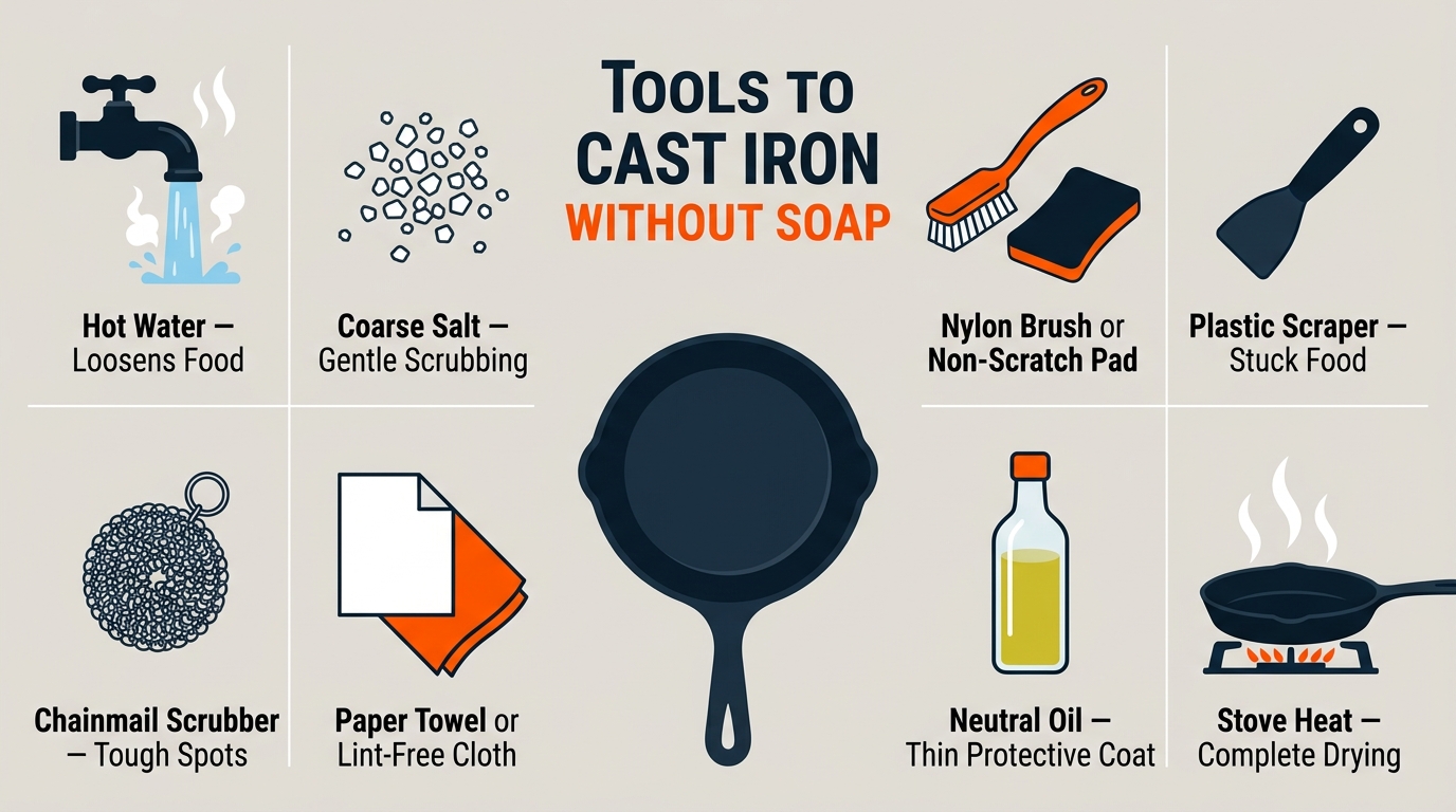 A guide showing hot water, coarse salt, a scrub brush, scraper, chainmail, cloth, neutral oil, and stove heat for cast-iron cleaning.