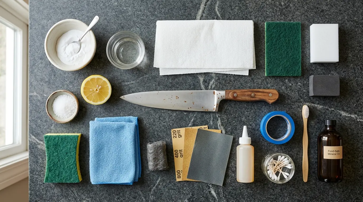 Baking soda, vinegar, lemon, rust eraser, fine steel wool, sandpaper, soft brushes, tape, and food-safe oil arranged beside a rusty knife.