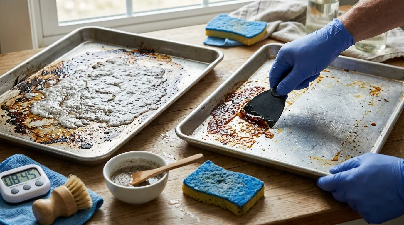 A close-up of burnt sugar and baked-on grease being loosened from baking sheets with a nylon scraper and baking soda paste.