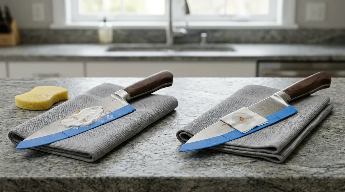Two knife blades receiving controlled rust treatment with baking soda paste and a vinegar-dampened cloth.