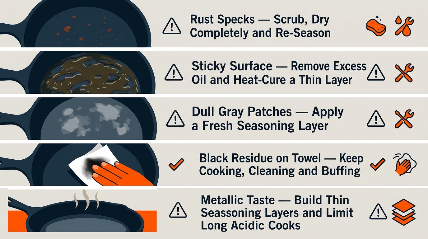 A troubleshooting guide for rust specks, sticky seasoning, dull patches, black residue, and metallic taste in cast-iron cookware.