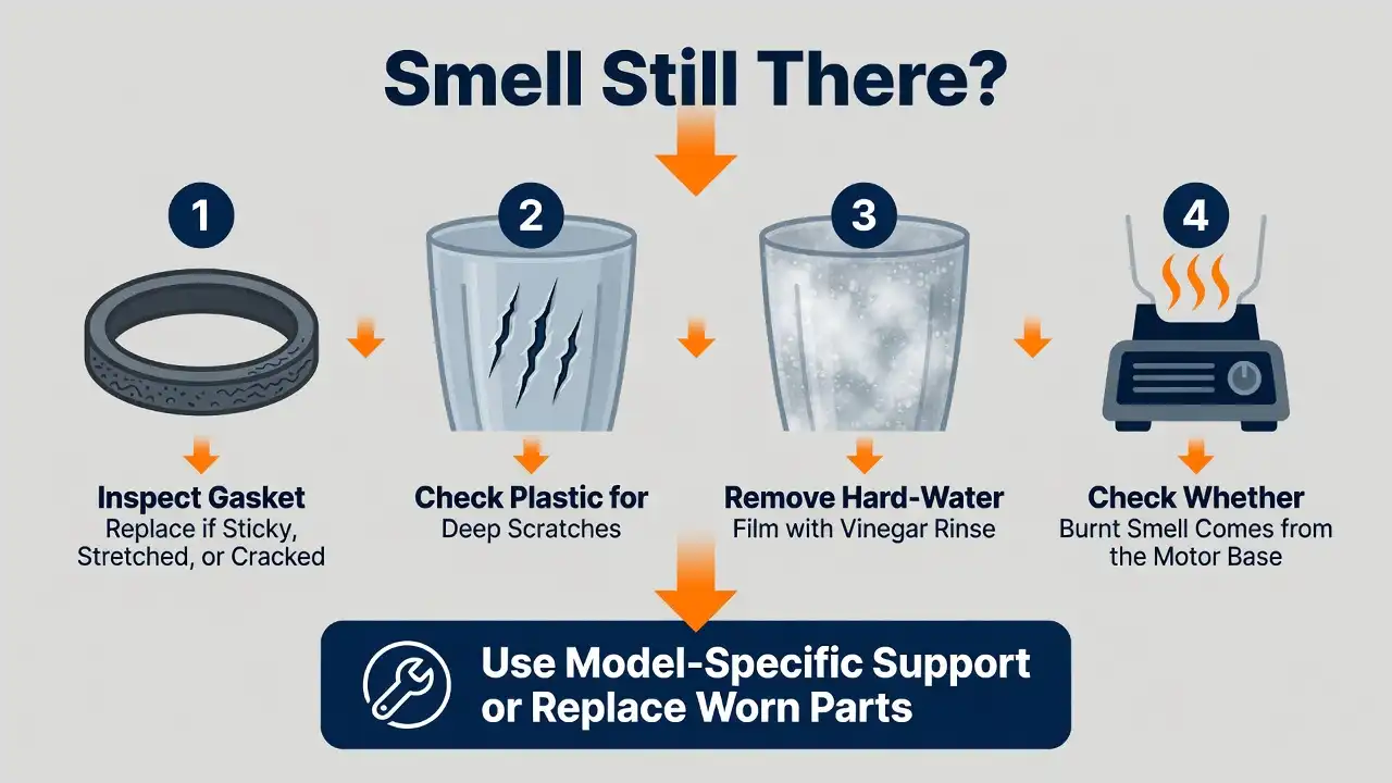 A troubleshooting checklist for inspecting the gasket, plastic scratches, hard-water film, and possible motor-related burnt smells.
