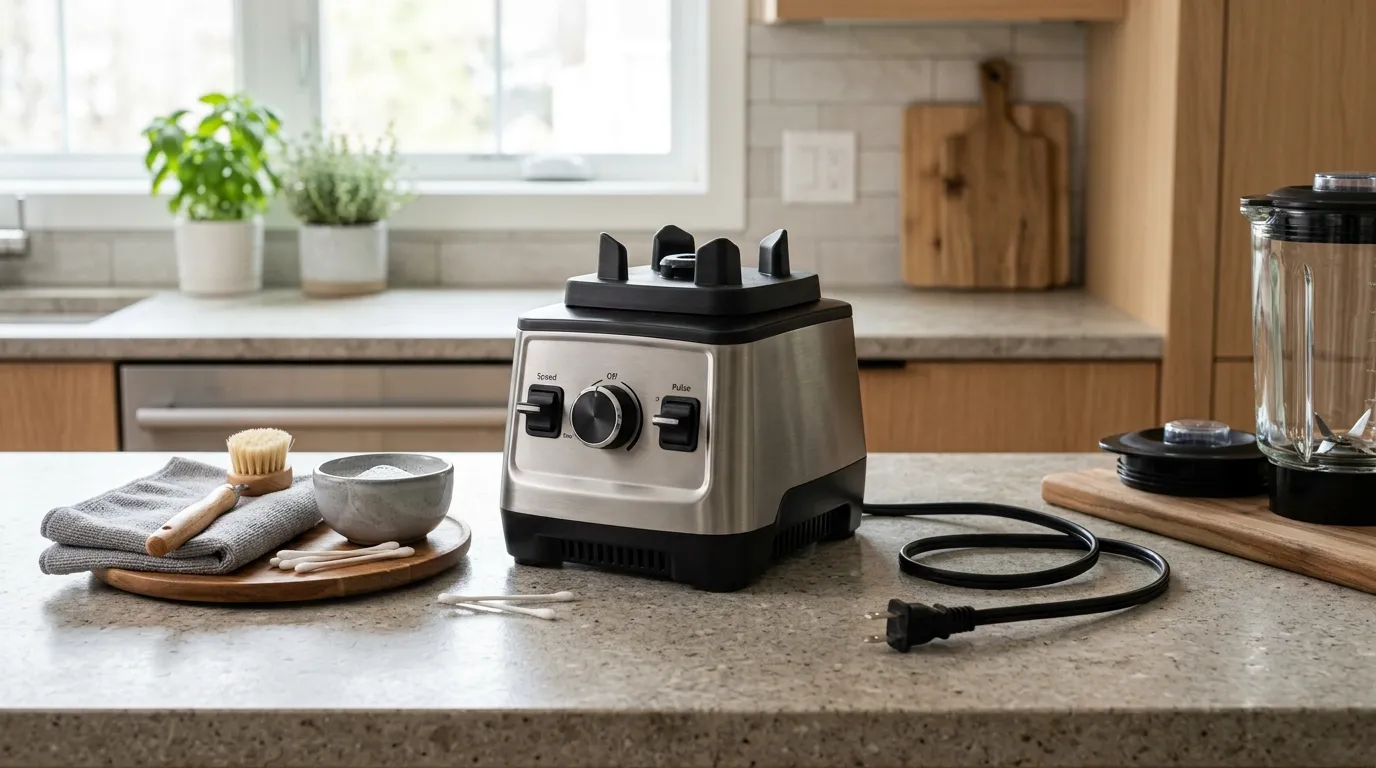 Unplugged blender base on a dry counter with cleaning cloth, soft brush, and cotton swabs prepared nearby