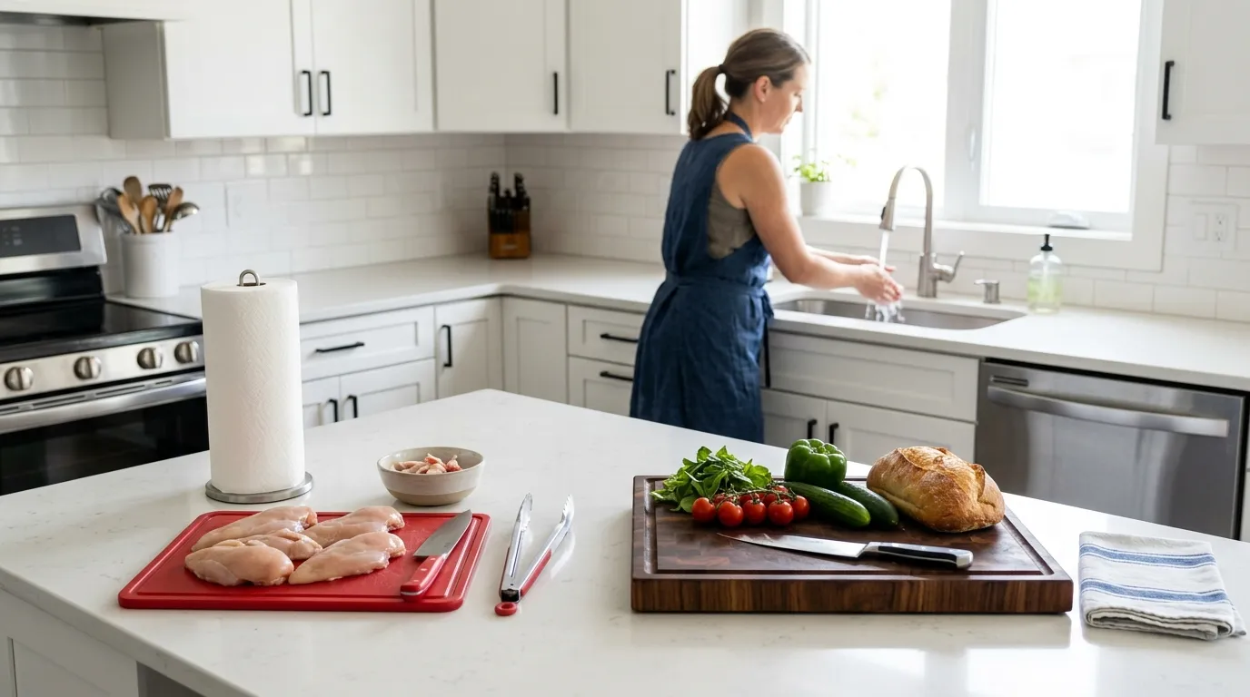 A red plastic cutting board for raw meat and a wooden cutting board for produce kept separate during meal preparation.