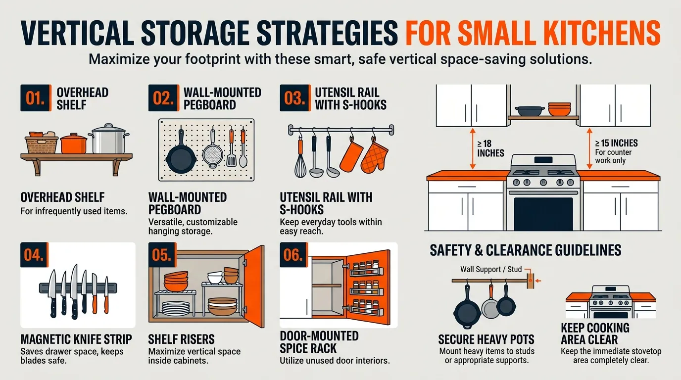Small kitchen vertical storage guide featuring a pegboard, hanging utensil rail, shelf risers, and mounted spice rack