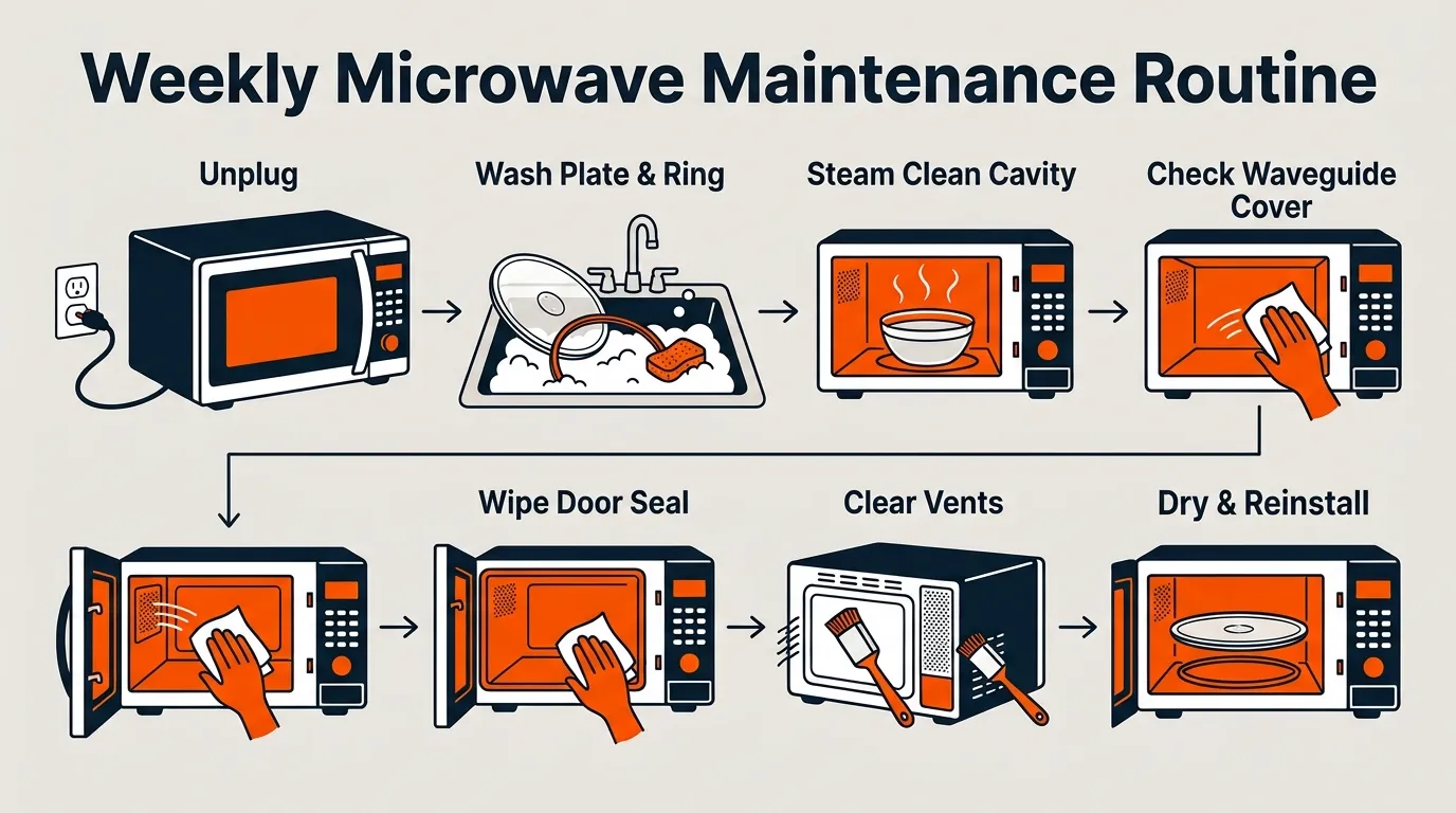 Weekly microwave cleaning routine showing the turntable, roller ring, interior, door seal, waveguide cover, and vents being cleaned