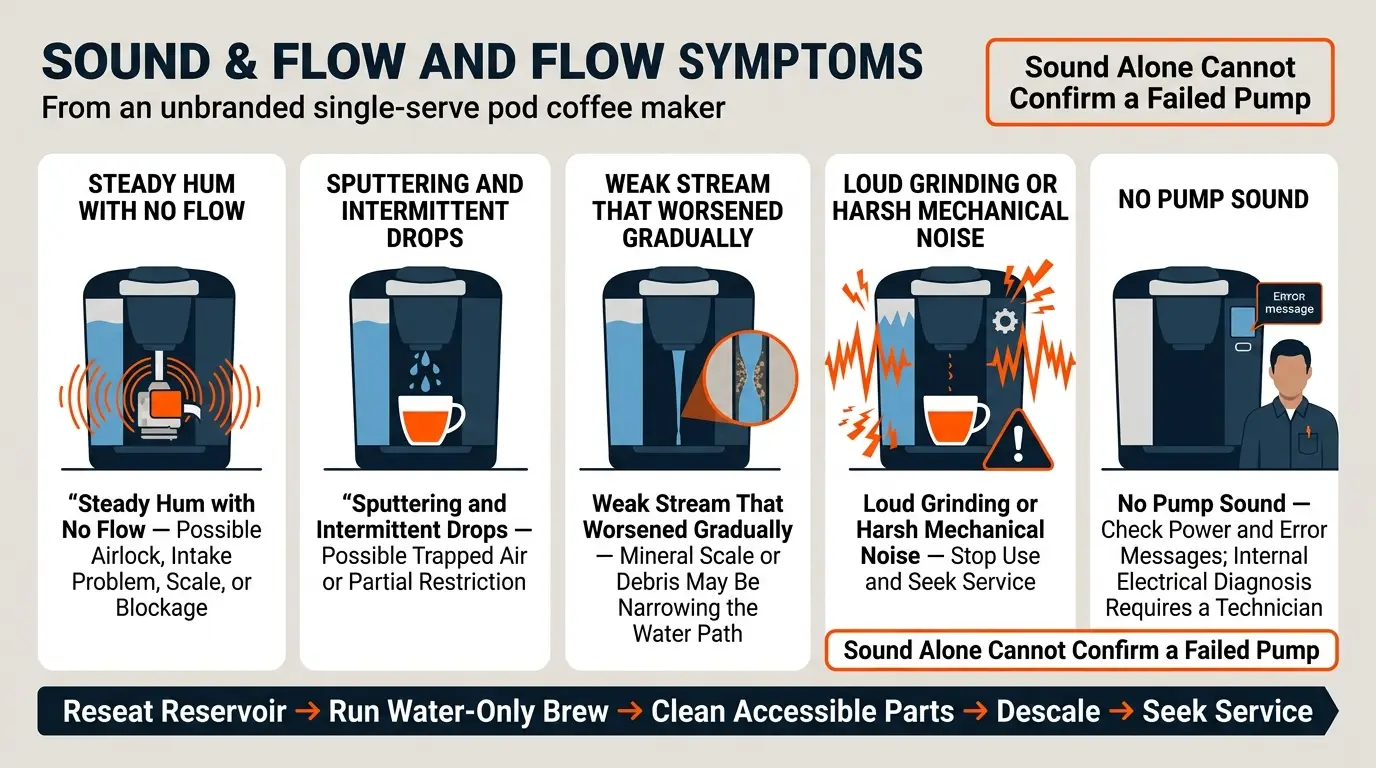 A comparison guide showing possible causes of humming, sputtering, grinding, weak flow, and complete silence in a pod coffee maker.