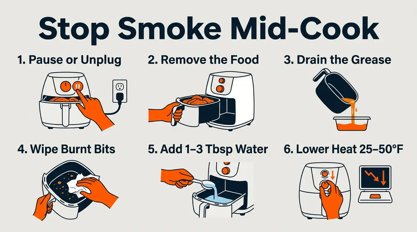Step-by-step infographic showing how to pause cooking, drain grease, remove burnt bits, add water, lower the temperature, and resume cooking.