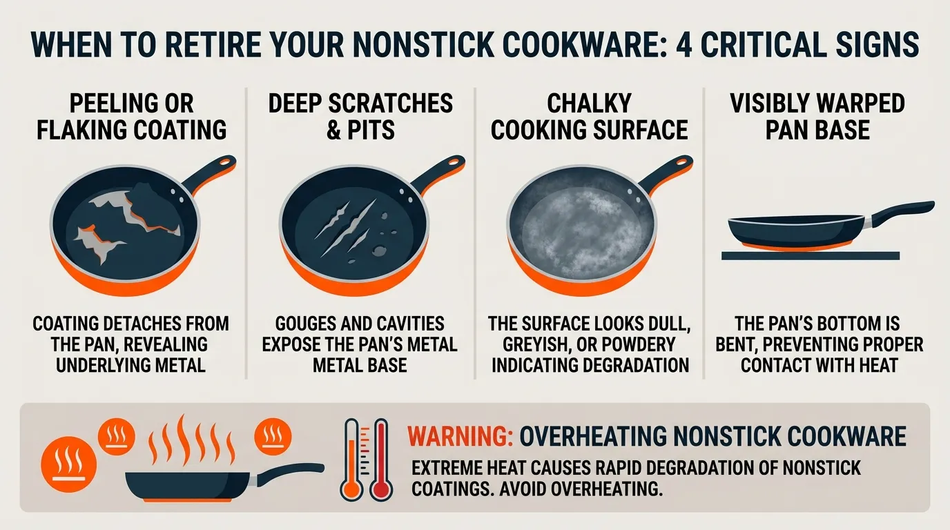 Nonstick pans showing peeling coating, deep scratches, pitting, and a warped base that indicate replacement is needed