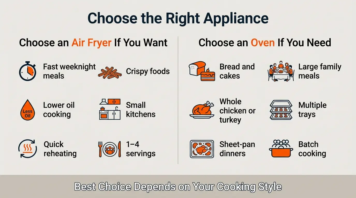 Decision infographic explaining when to choose an air fryer and when to choose an oven.