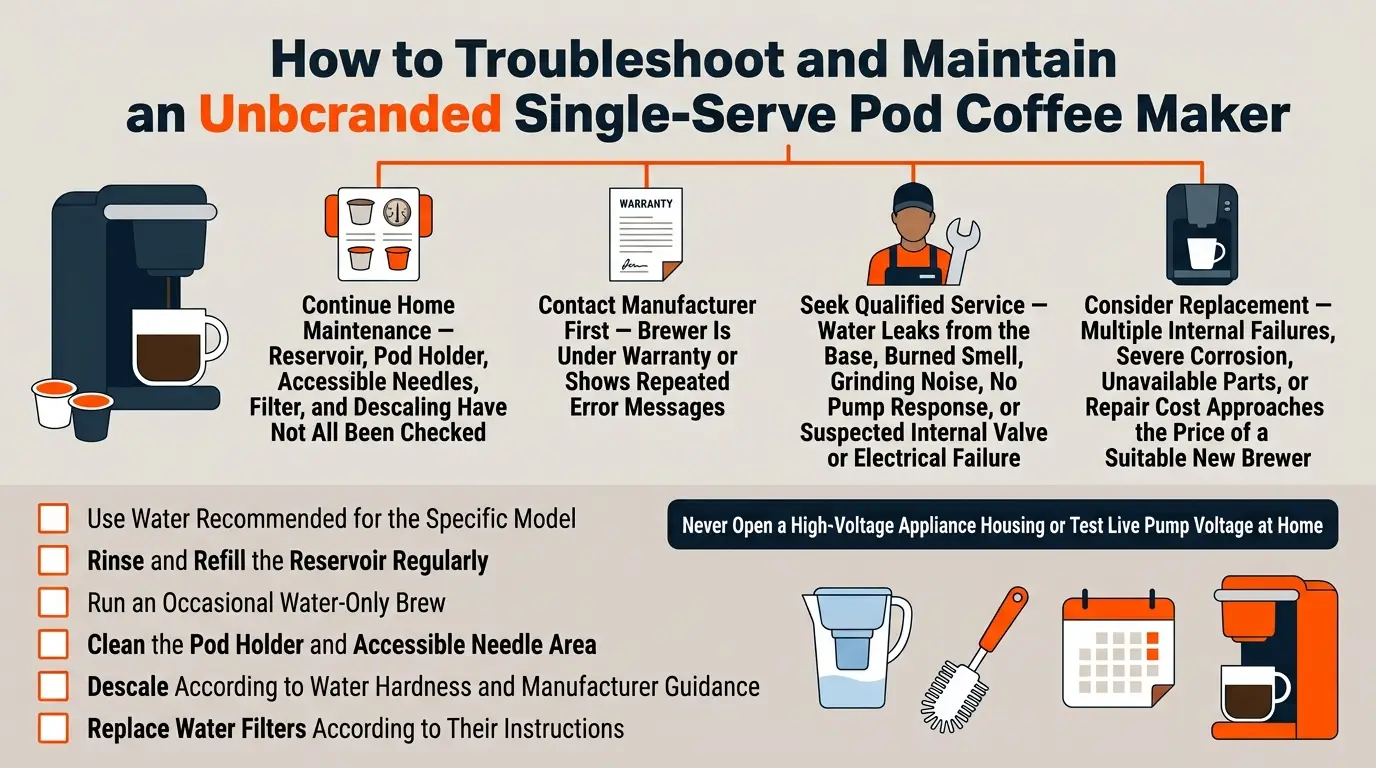 A guide showing when to continue maintenance, contact qualified service, consider replacement, and prevent future water-flow problems.