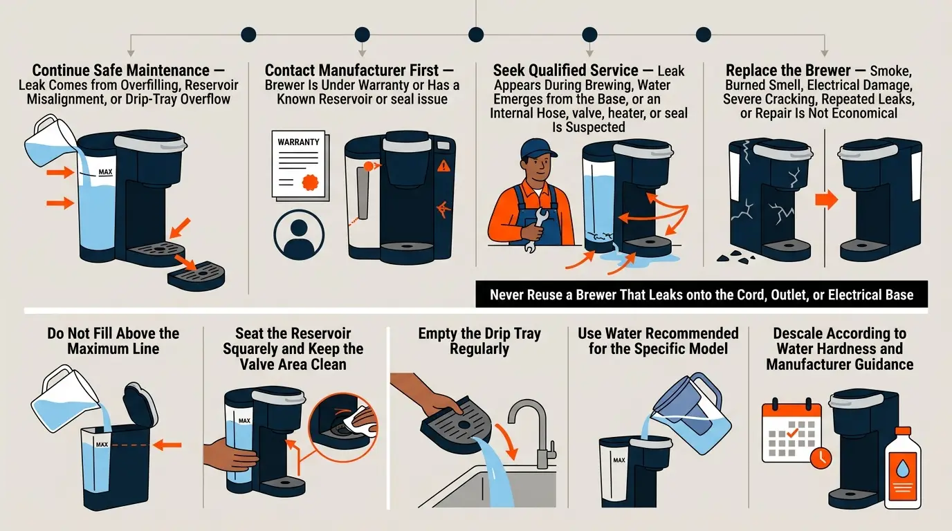 A guide showing when to reseat and clean a brewer, seek qualified service, replace the machine, and prevent future leaks.