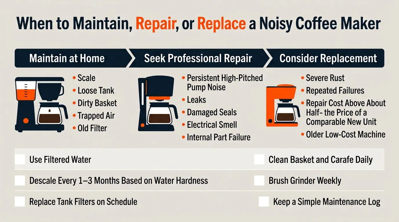 A checklist showing pump failure signs, leaks, burnt smells, repair-cost decisions, descaling intervals, filter replacement, and grinder care.
