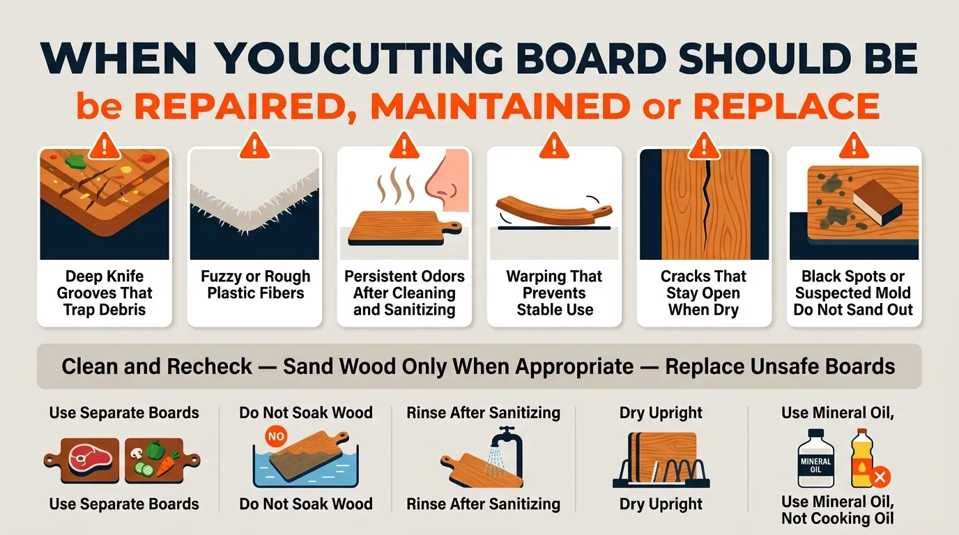 A troubleshooting guide showing deep grooves, fuzzy plastic, persistent odors, warping, cracks, and mold-like black spots.