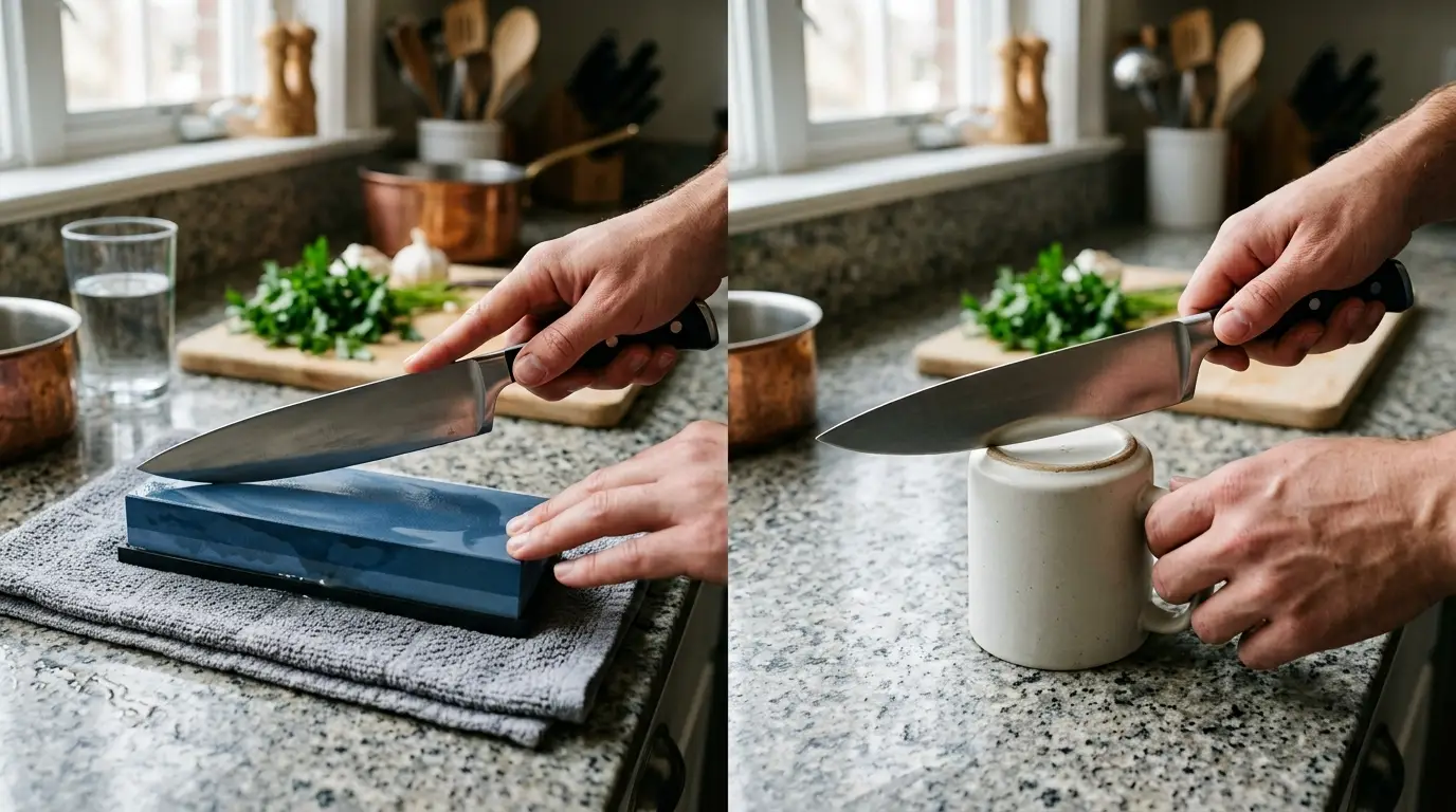 Side-by-side knife sharpening setup using a 1000 grit whetstone and the unglazed rim of an upside-down ceramic mug.