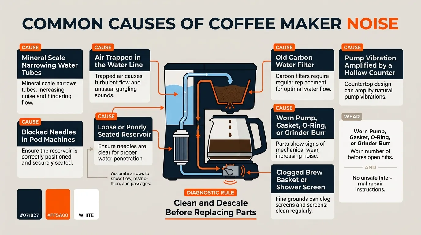 A diagram showing scale buildup, trapped air, loose reservoirs, clogged brew paths, old filters, unstable counters, and worn pumps.