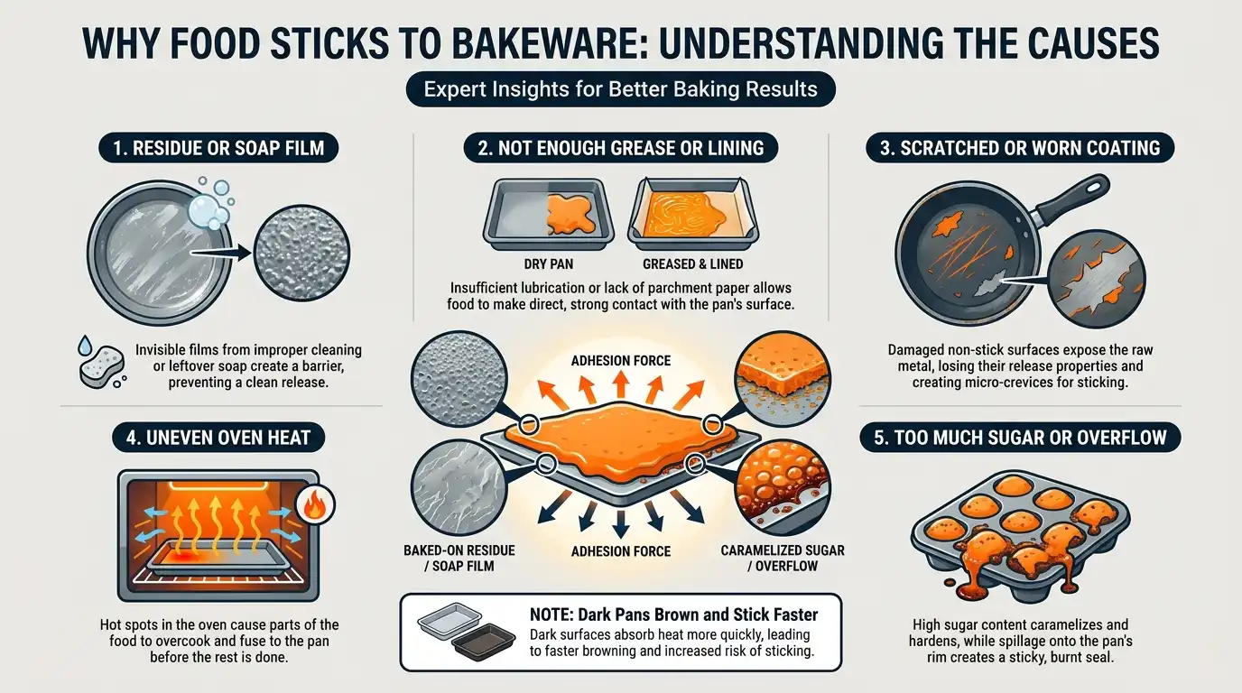 An infographic showing residue, scratched coatings, uneven heat, excess sugar, and poor pan preparation as common causes of bakeware sticking.