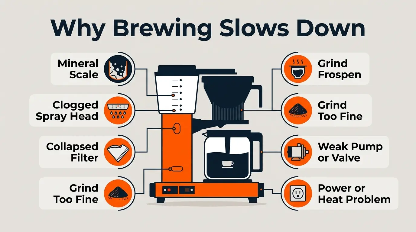 Infographic showing mineral scale, clogged water outlets, collapsed filters, fine coffee grounds, weak pumps, and restricted power as causes of slow brewing.