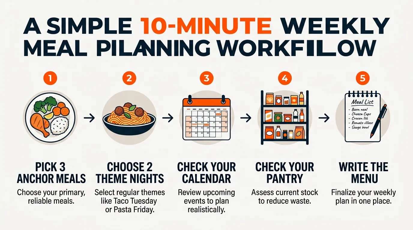 Weekly meal plan with anchor meals, theme nights, calendar notes, and pantry check organized for faster cooking