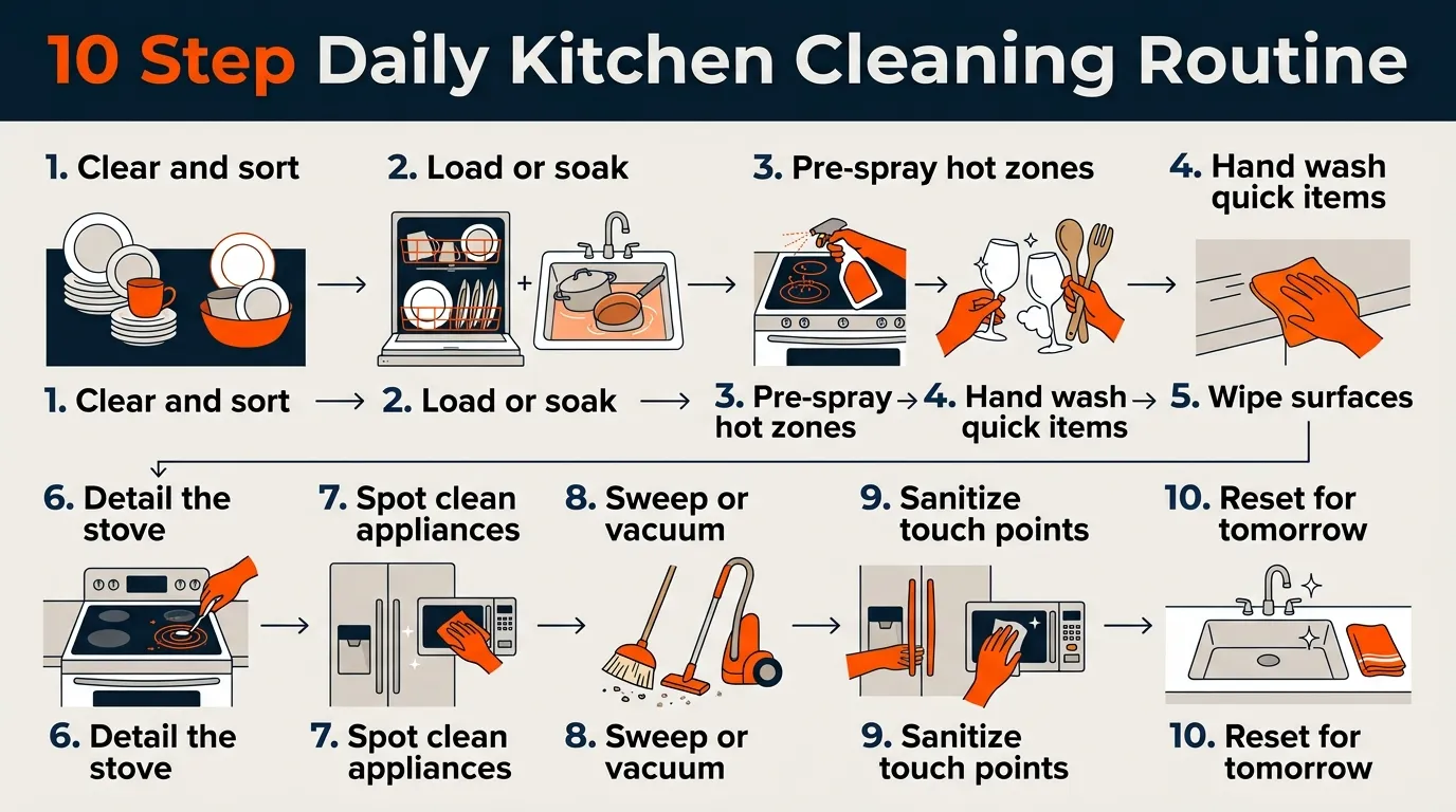 Microfiber cloths, scrub sponge, dish soap, small brush, and cleaning caddy organized under a kitchen sink
