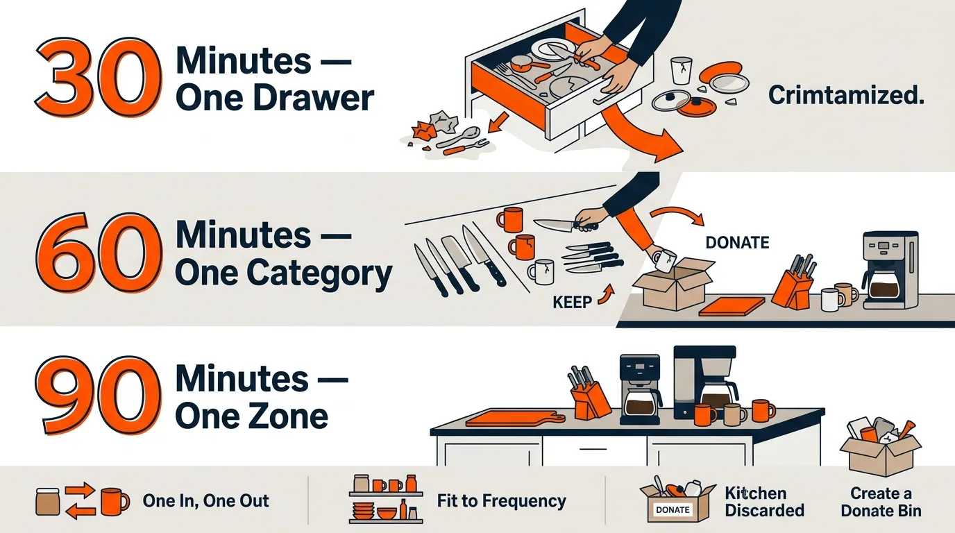 Kitchen decluttering process showing a drawer, tool category, and organized cooking zone being simplified