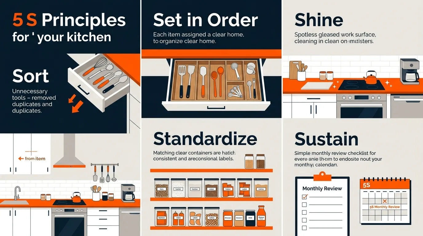 Organized kitchen storage demonstrating sort, set in order, shine, standardize, and sustain principles