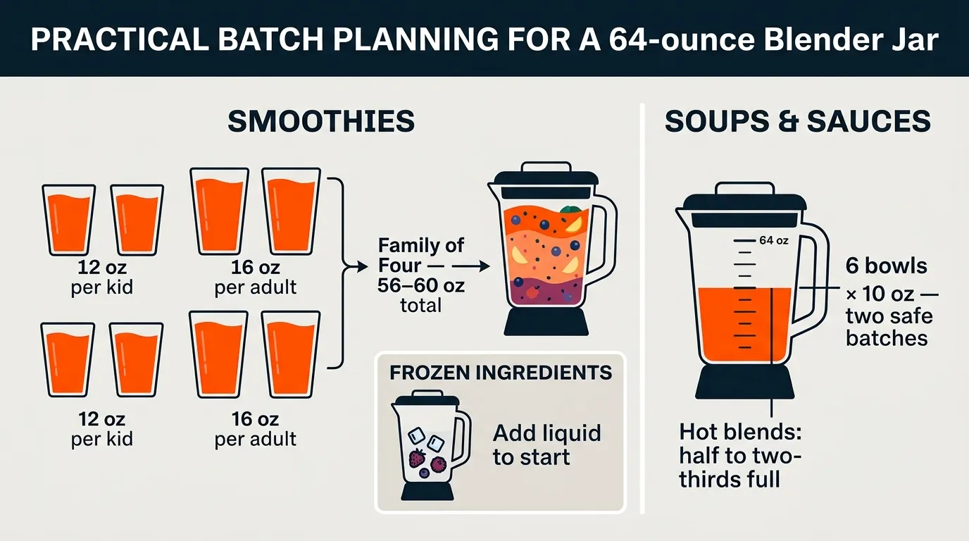 Family smoothie portions and safe soup batch planning illustrated with a 64-ounce blender jar