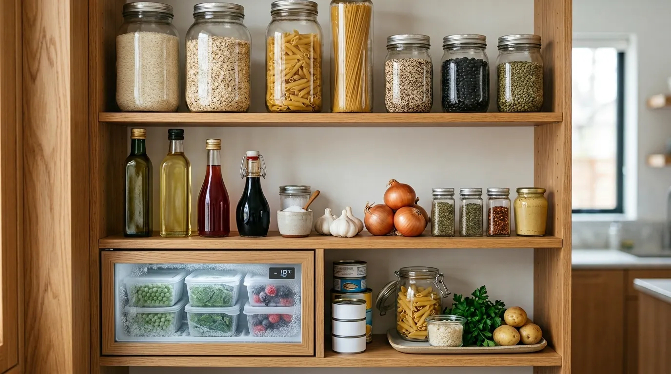 Organized minimalist pantry with grains, beans, oils, seasonings, freezer staples, and an eat-first food bin