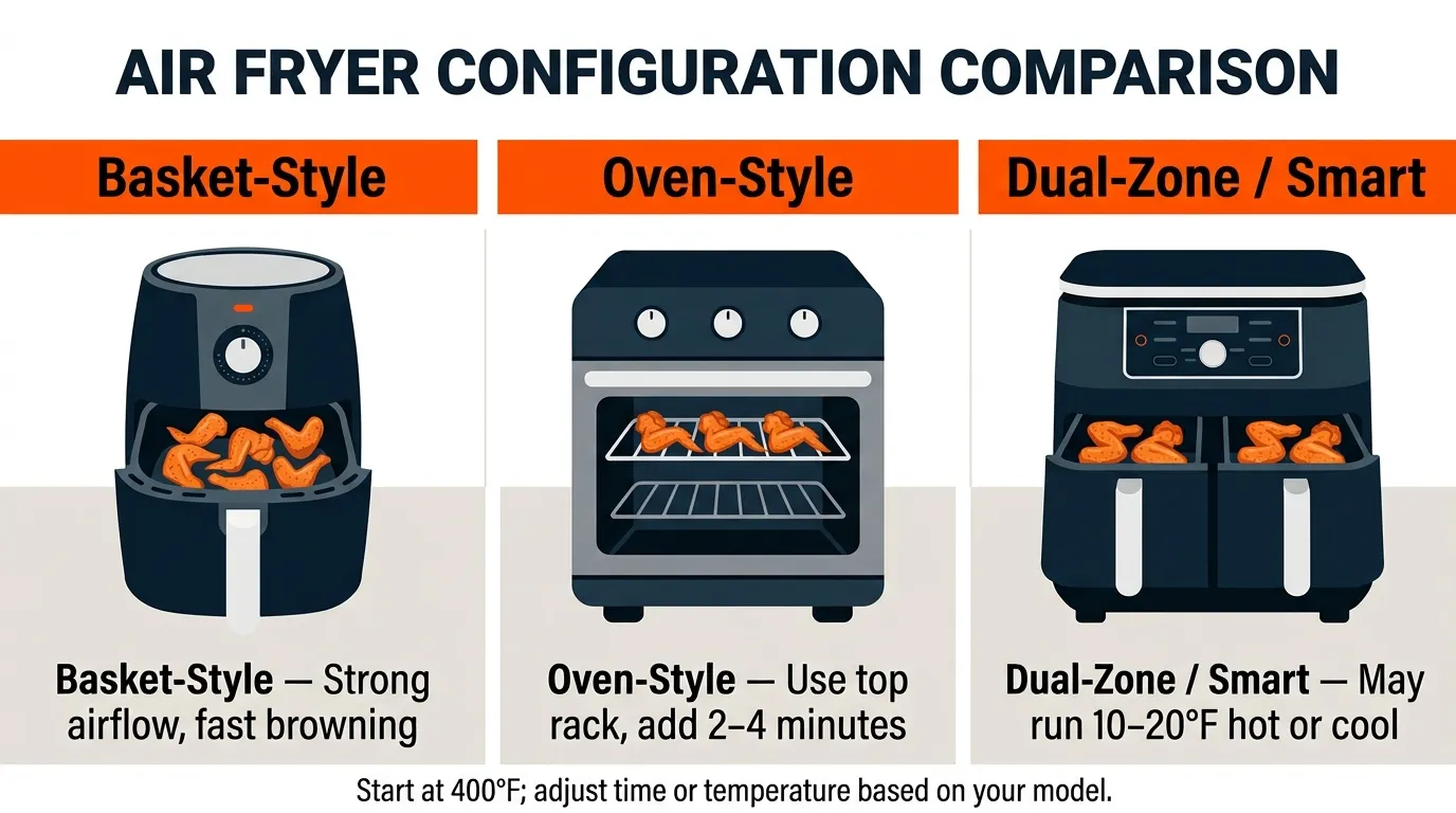 Basket, oven-style, and dual-zone air fryers shown with different chicken wing cooking setups