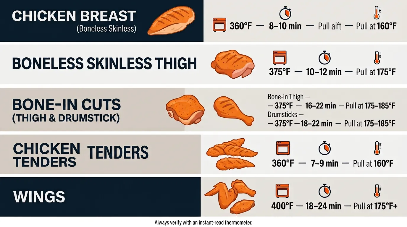 Air fryer chicken temperature and cut comparison for breasts, thighs, tenders, drumsticks, and wings