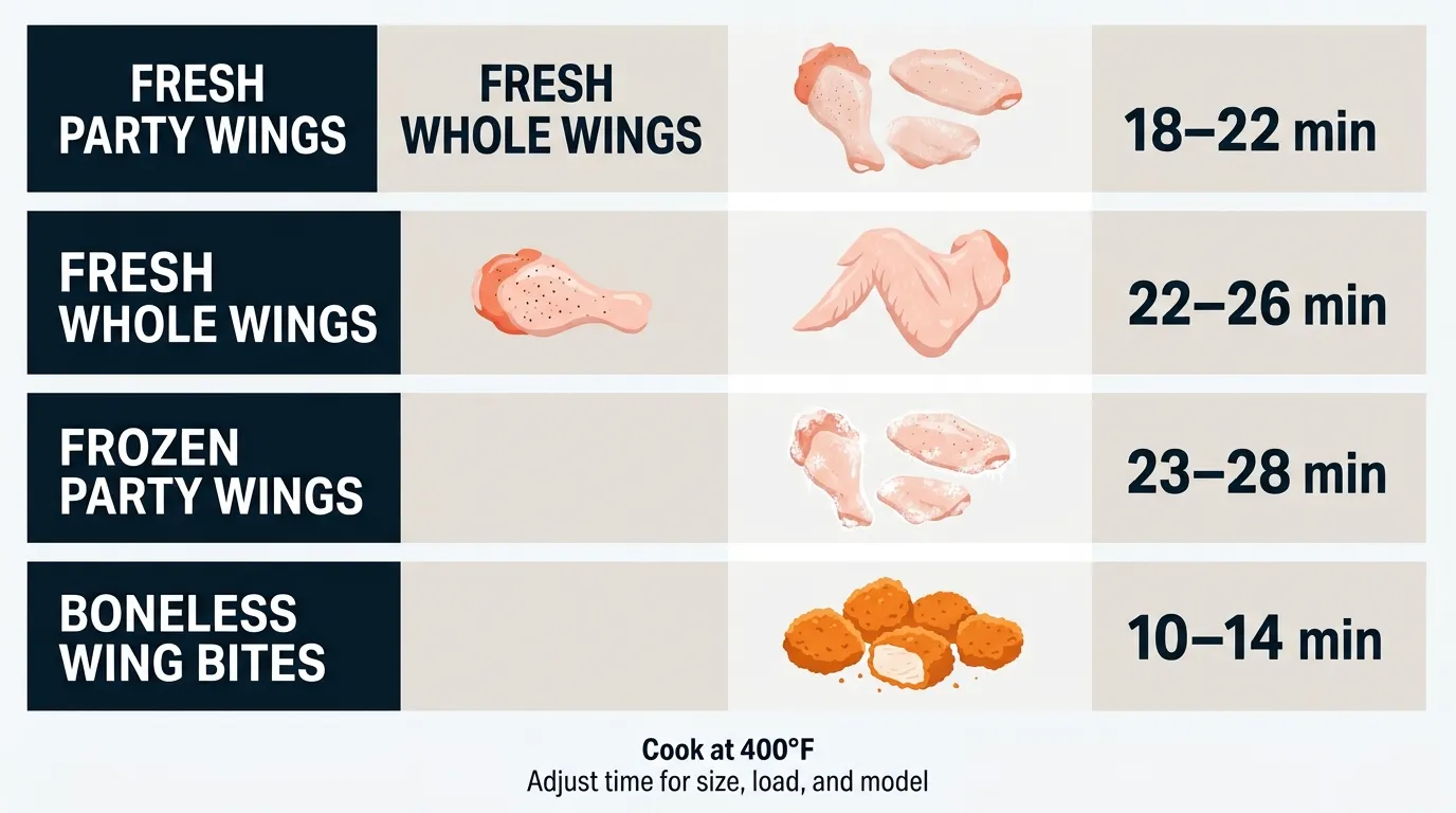 Comparison of fresh party wings, whole wings, frozen wings, and boneless wing bites for air frying