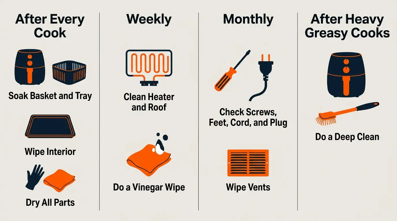 Maintenance schedule showing after-cook, weekly, monthly, and heavy-use cleaning tasks for an air fryer.