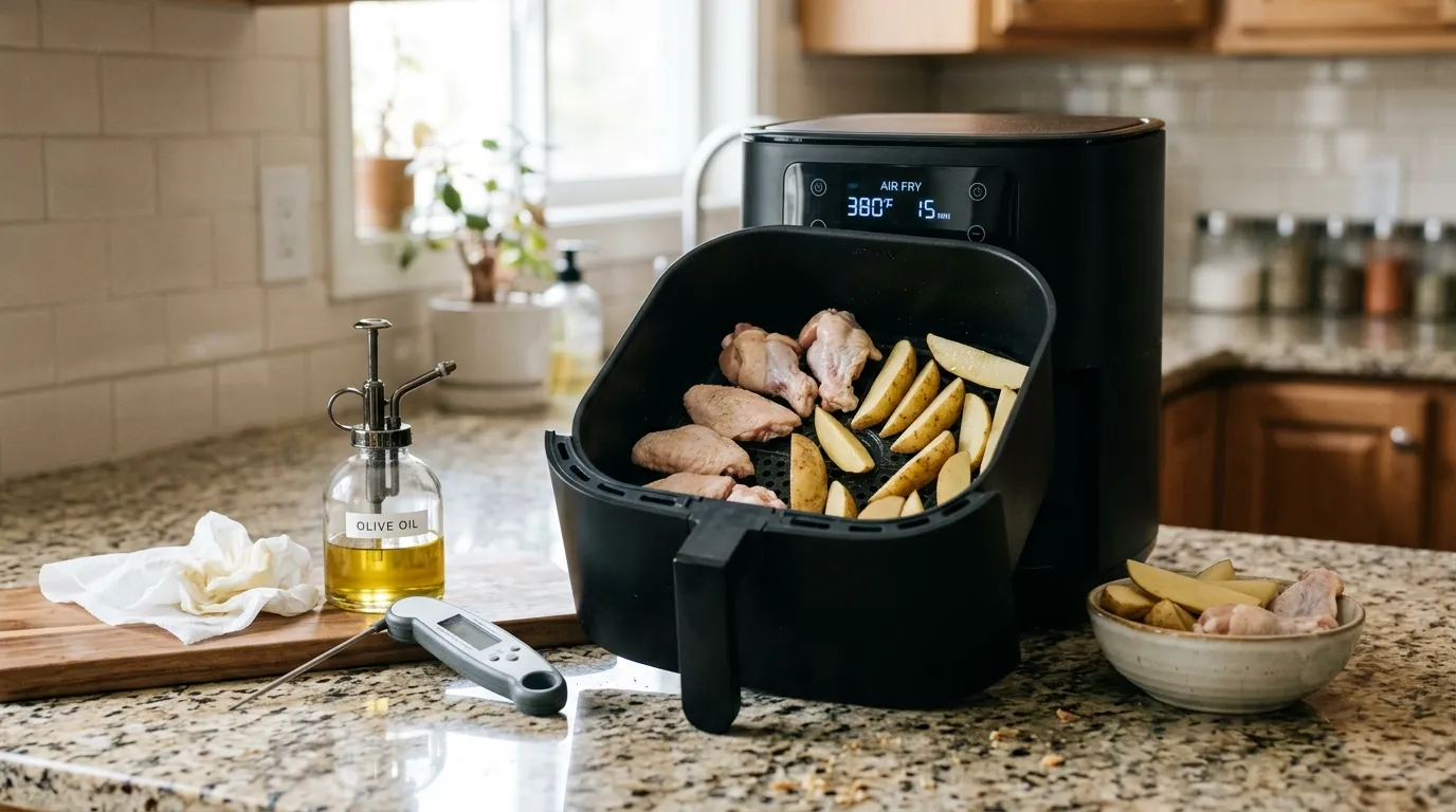 Air fryer basket showing proper spacing, dry food, and correct cooking setup for better crisping
