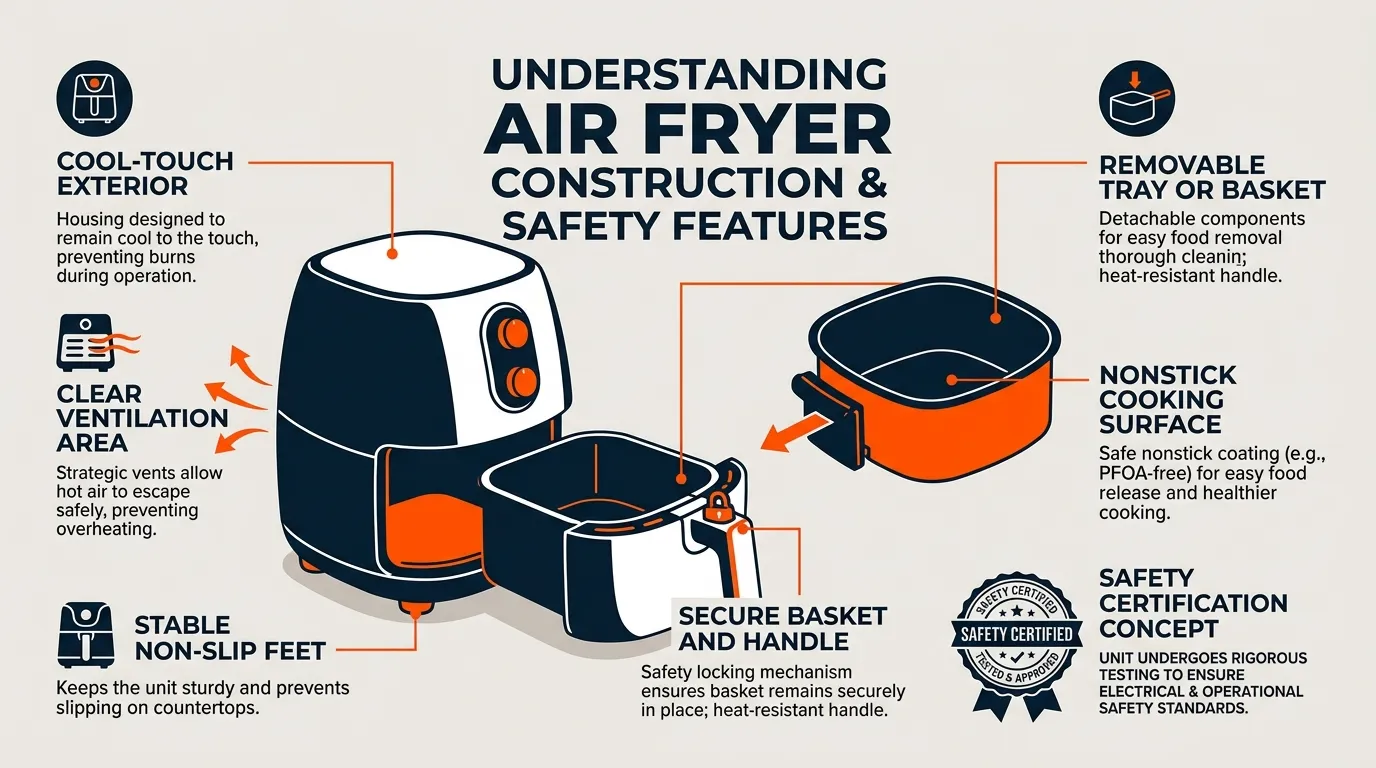 Air fryer safety and build features including cool-touch surfaces, stable feet, vents, basket, and nonstick coating