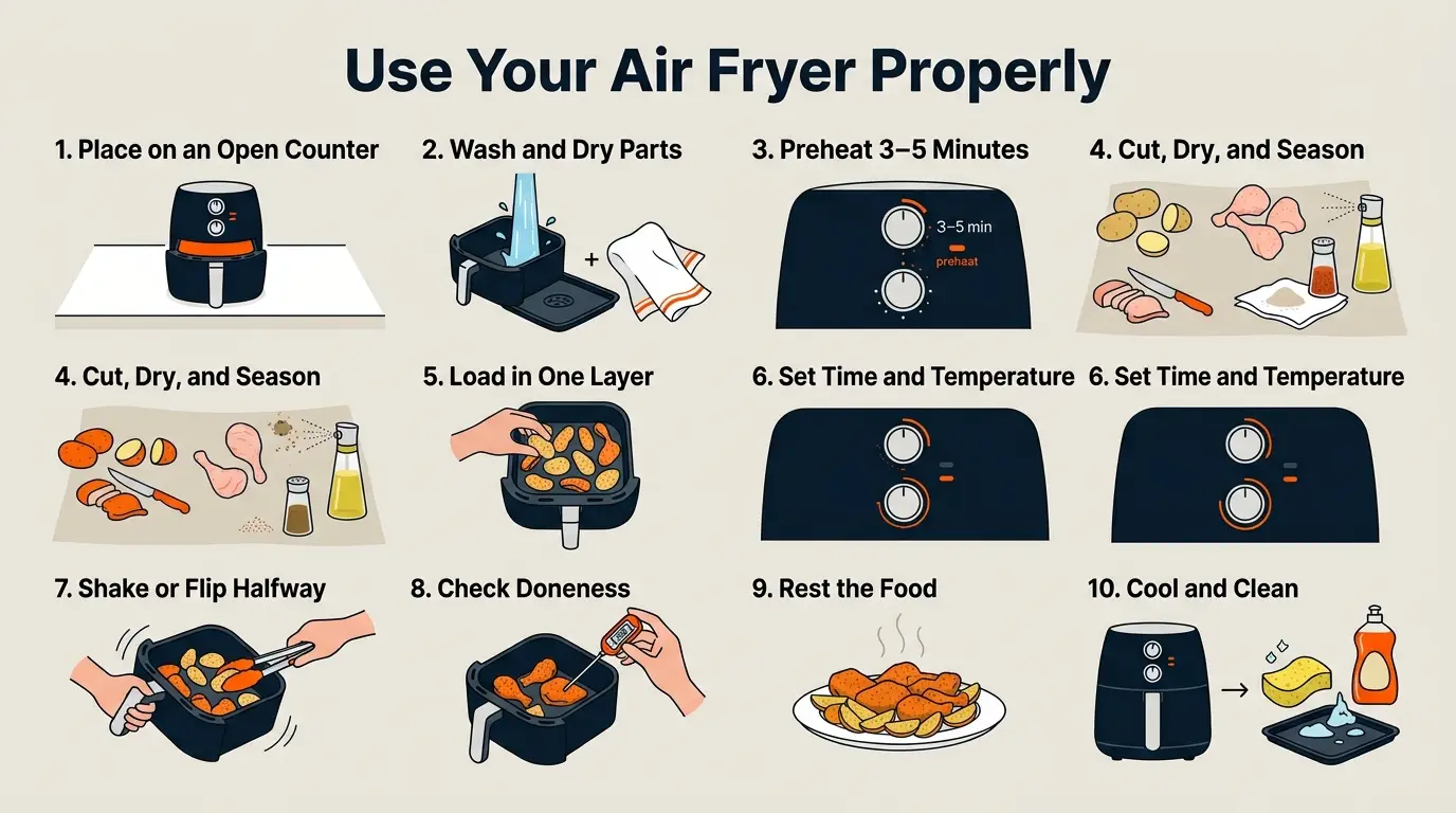 Step-by-step infographic showing how to place, clean, preheat, load, shake, check, rest, and clean an air fryer.