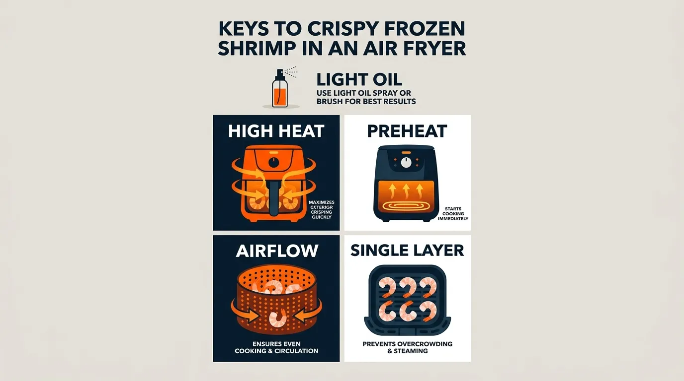 Frozen shrimp spaced in a perforated air fryer basket to promote airflow and even browning