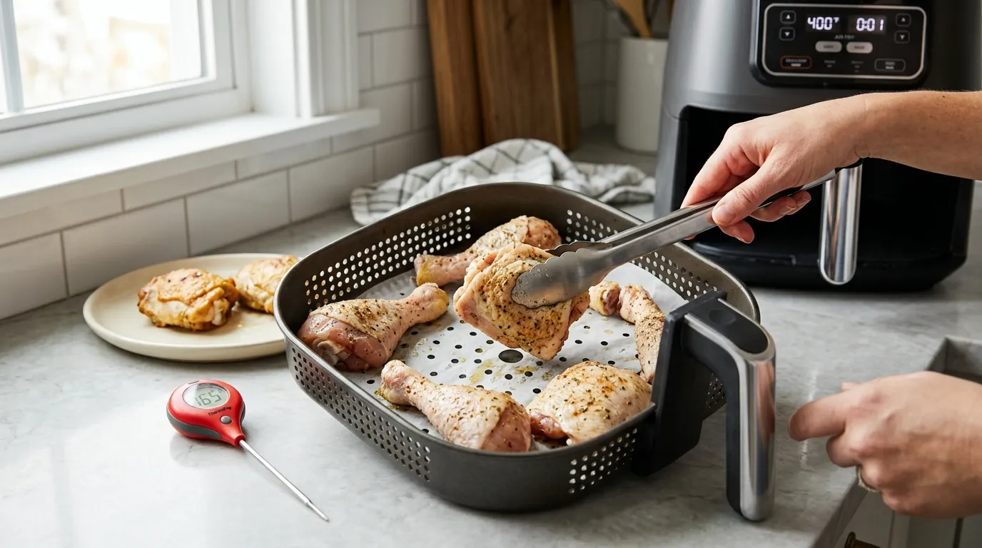 Chicken pieces spaced in an air fryer basket with perforated parchment and thermometer for even cooking