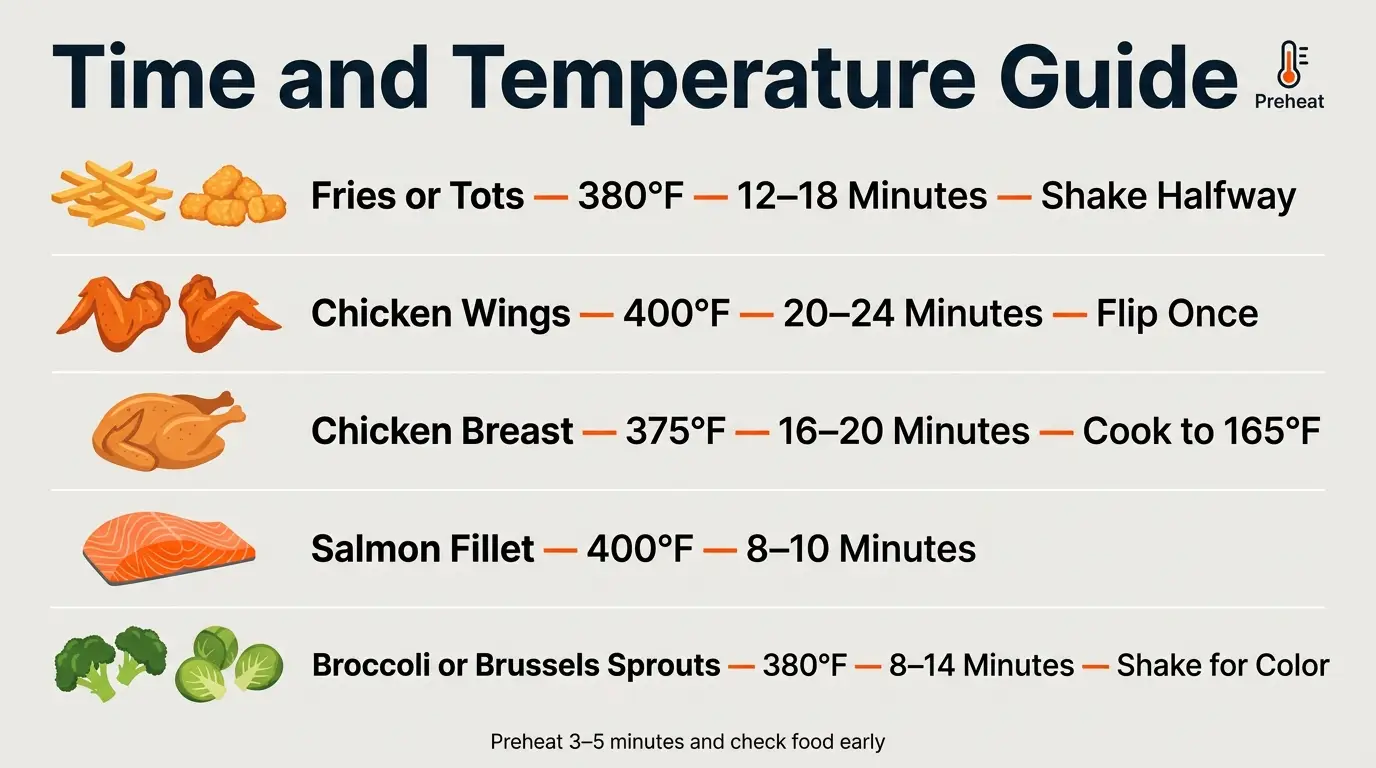 Cooking guide showing recommended air fryer temperatures and times for fries, wings, chicken breast, salmon, and vegetables.