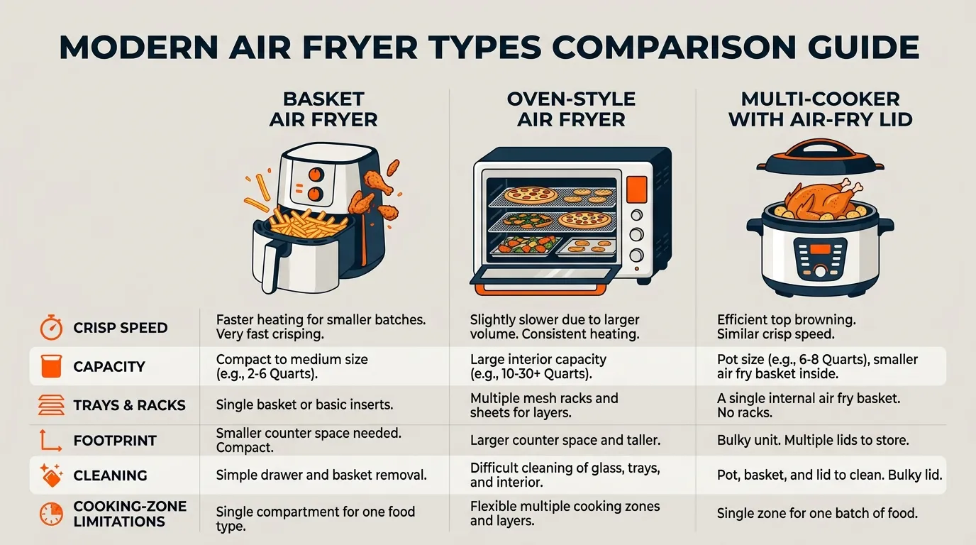 Comparison of basket, oven-style, and multi-cooker air fryers for different cooking needs