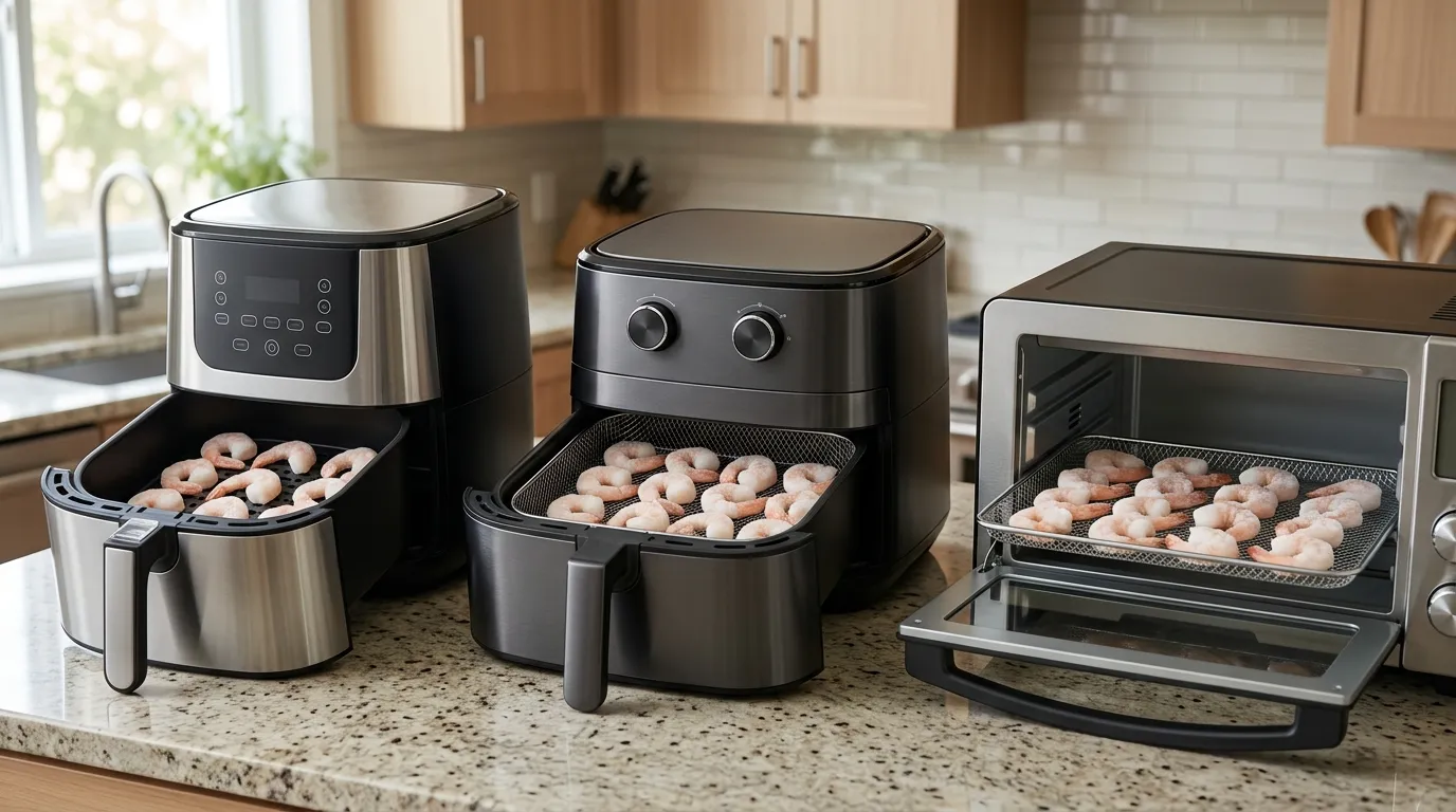 Basket and oven-style air fryers arranged for comparing capacity and airflow when cooking frozen shrimp