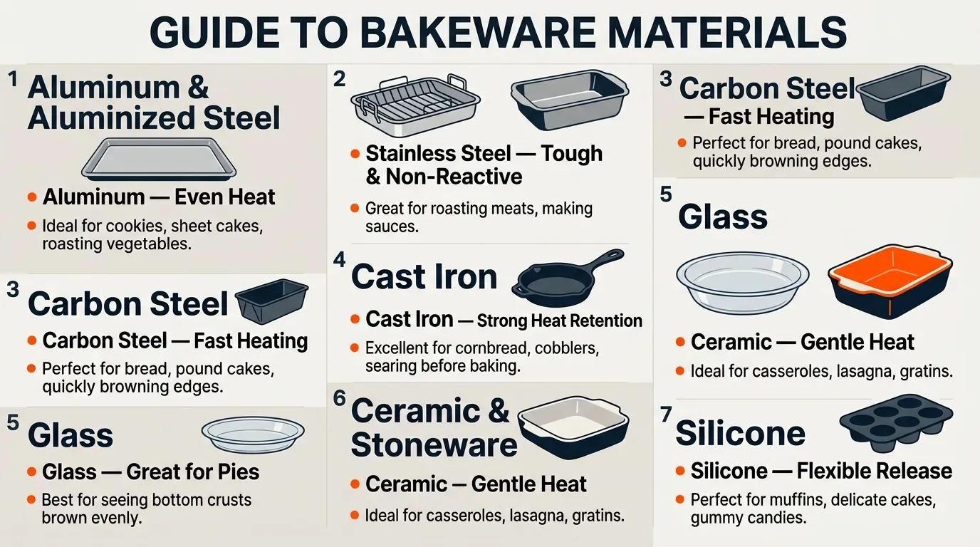 Aluminum, stainless steel, carbon steel, cast iron, glass, ceramic, and silicone bakeware shown in a material comparison