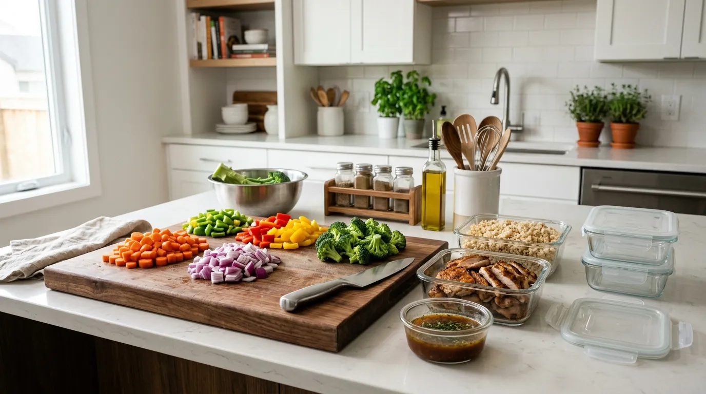 Batch-prepped vegetables, cooked grain, protein, sauce, and clear containers arranged for quick weekday meals